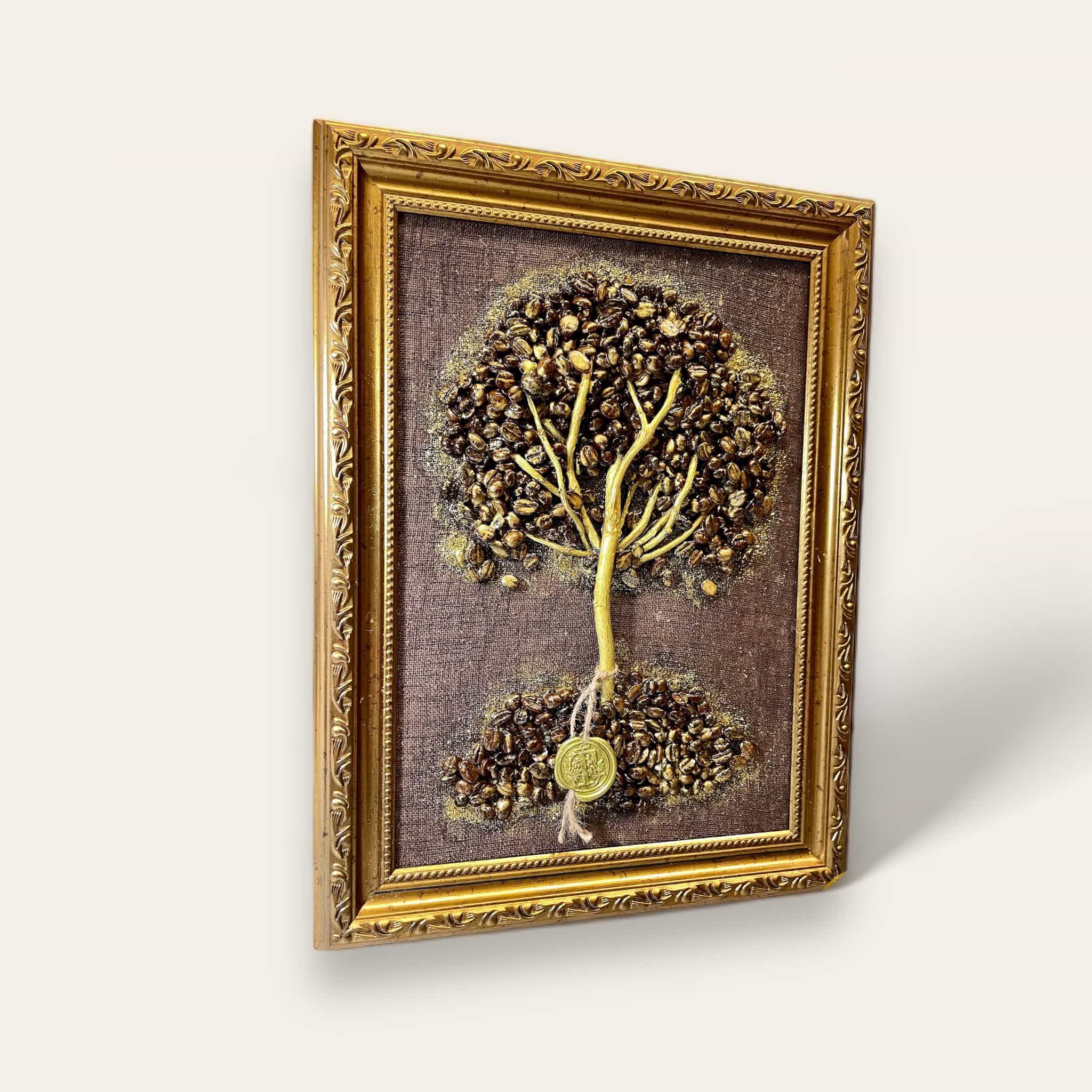 Shimmering Coffee Tree – Tablou 3D din boabe de cafea, 30 × 21 cm