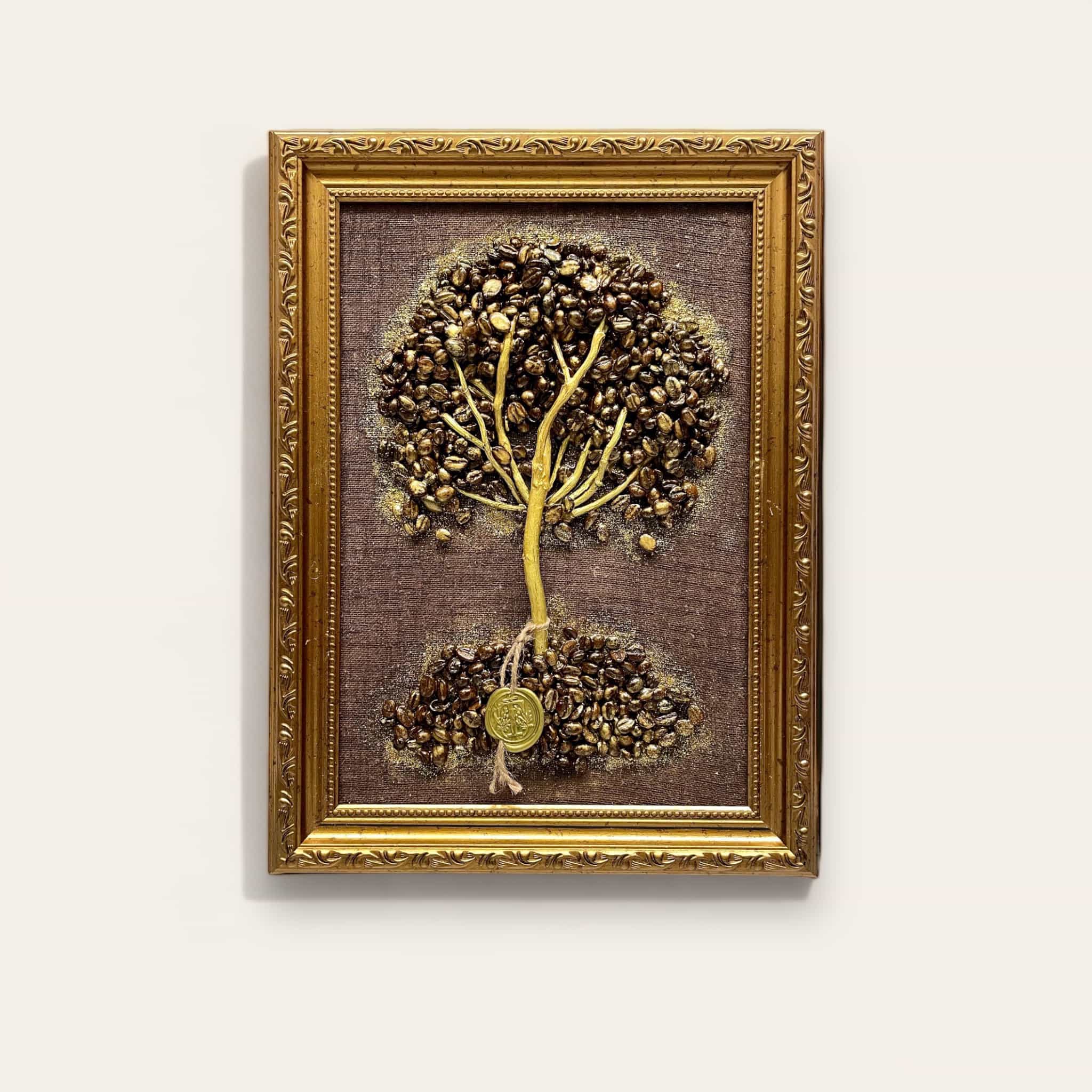 Shimmering Coffee Tree – Tablou 3D din boabe de cafea, 30 × 21 cm