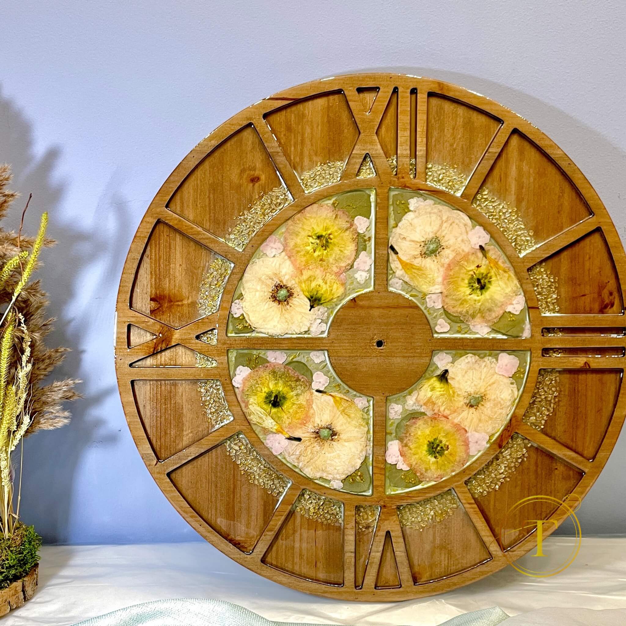 Custom wall clock made with preserved wedding bouquet flowers – front view.