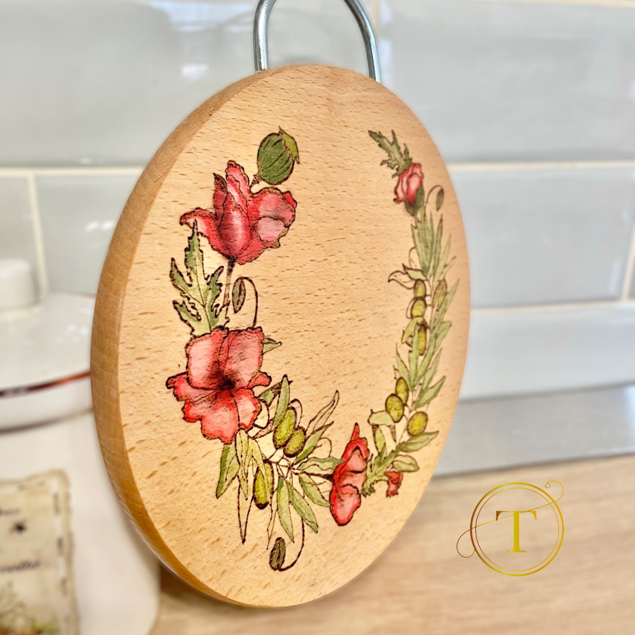 Wild Poppies – set tavă rotunda + tocator decorativ din lemn, pictat manual