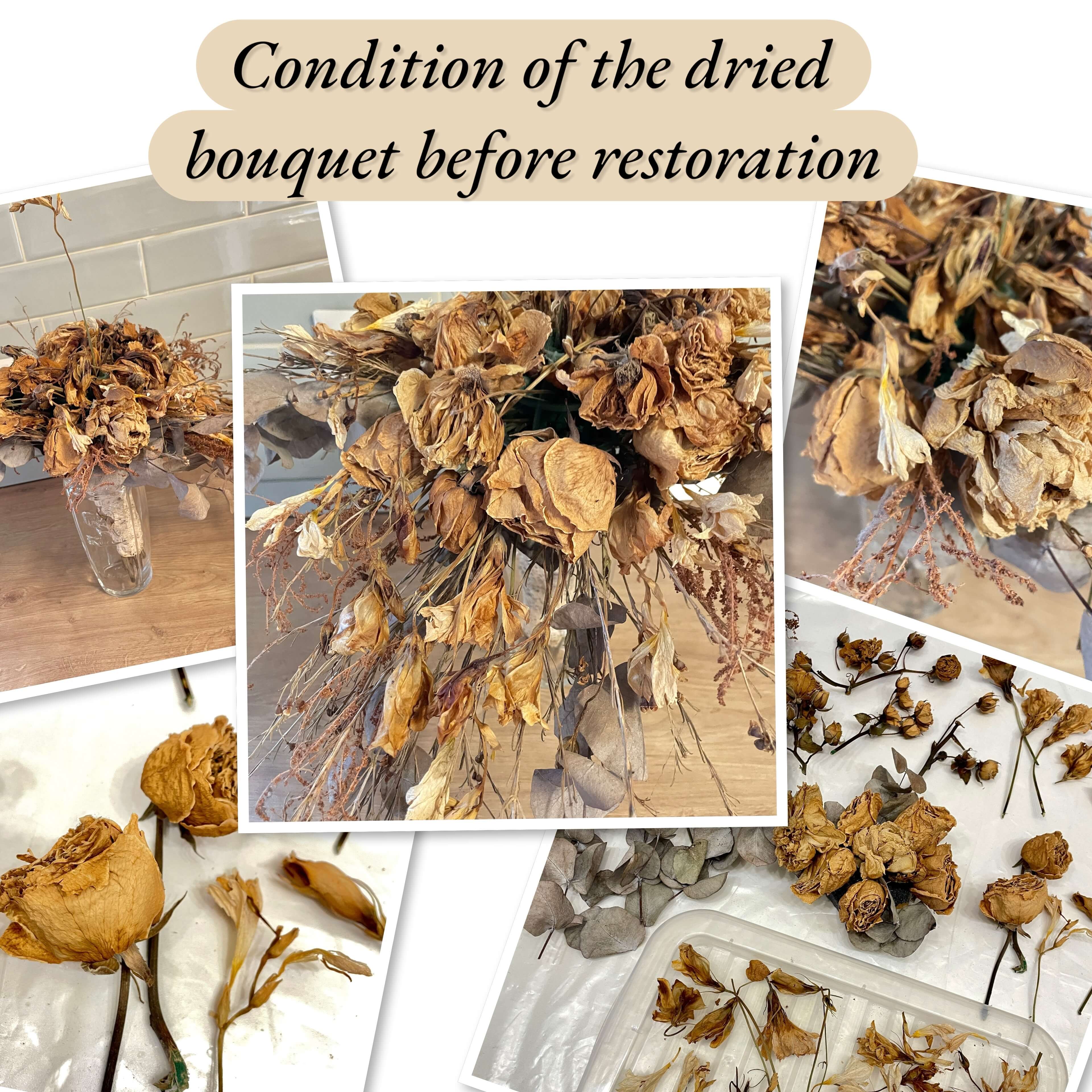 Dried wedding bouquet before color restoration with epoxy resin