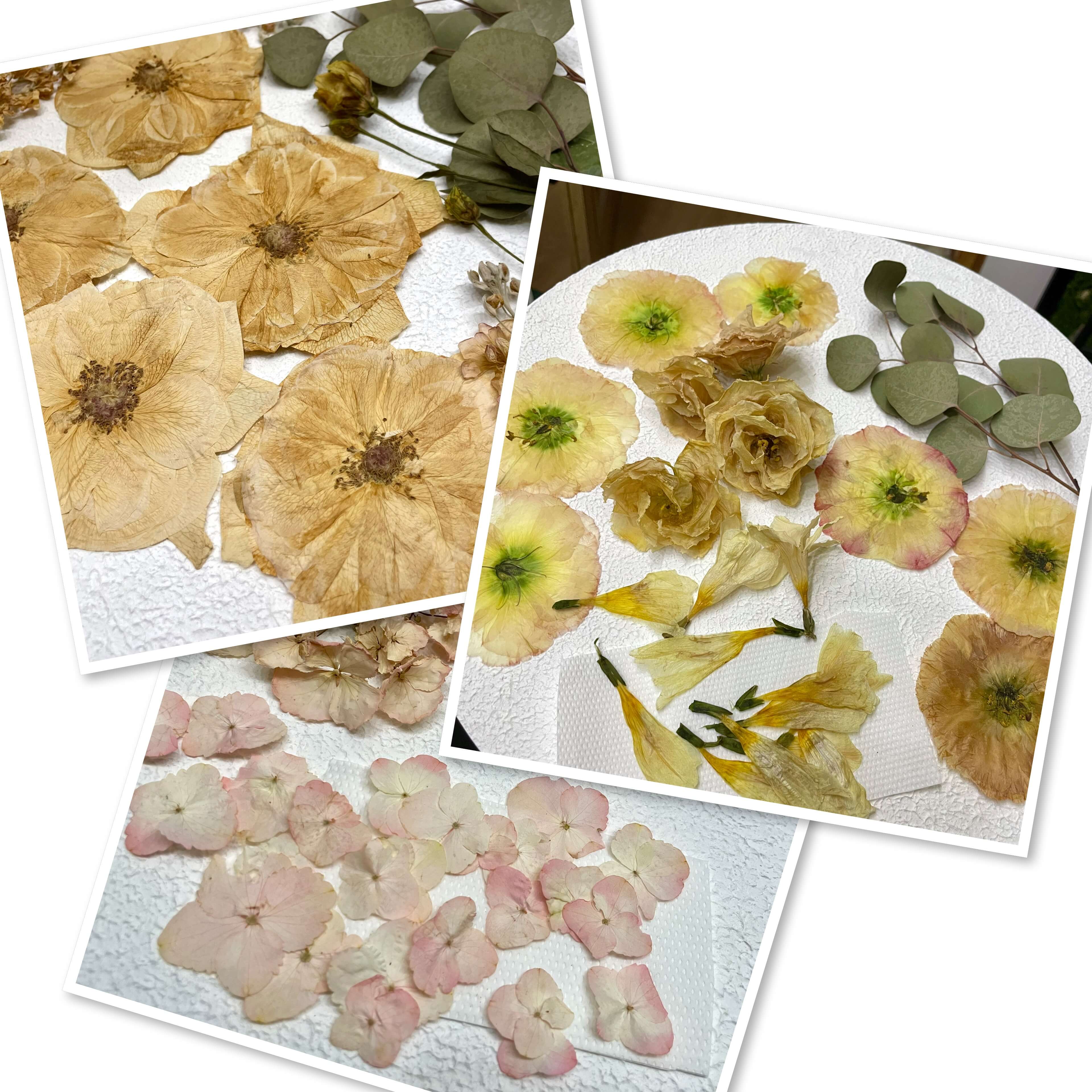 Dried flowers from client’s wedding bouquet – ready for custom clock design.