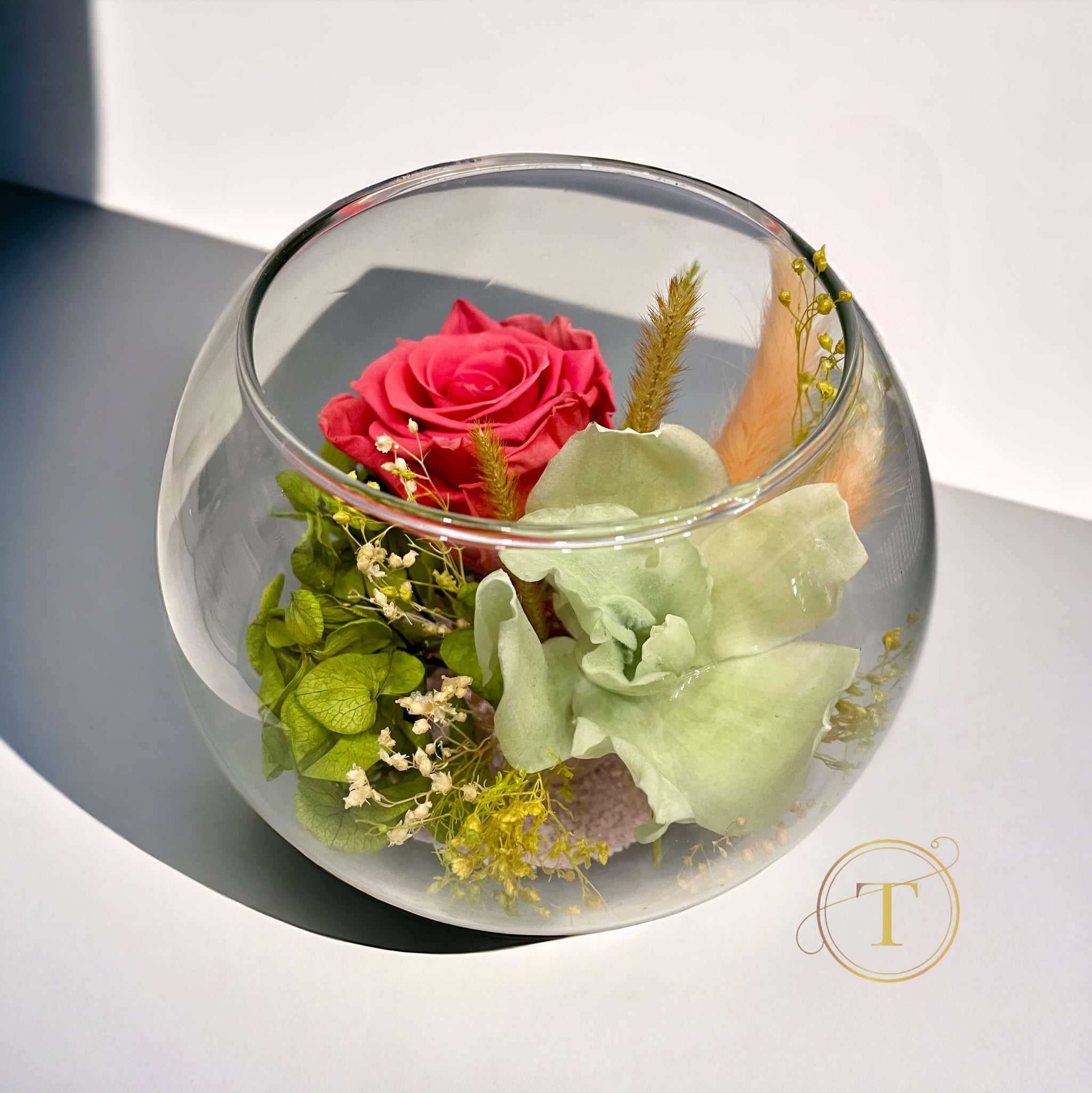 Pretty – trandafir criogenat si orhidee verde, bol sticla, Ø14 cm