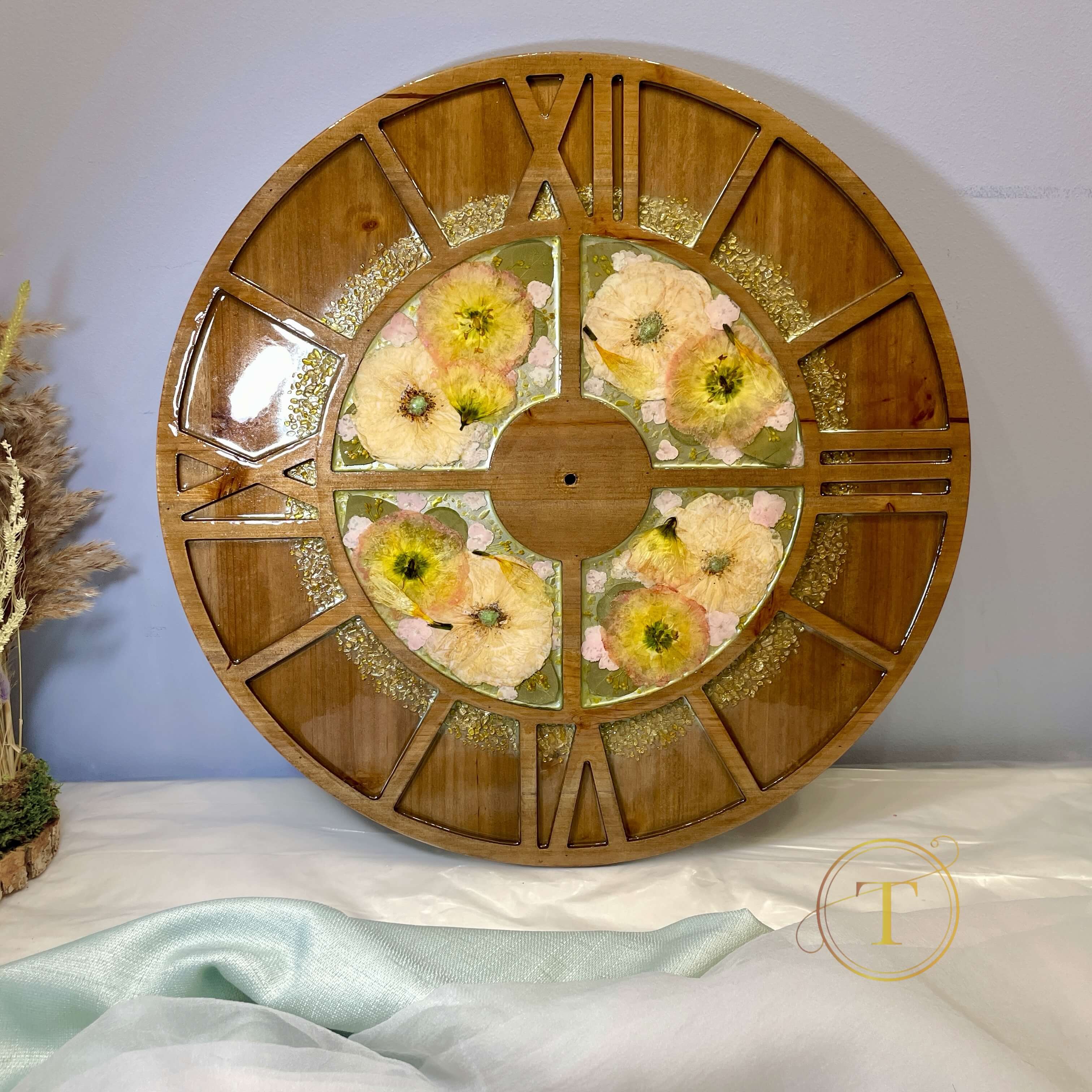 Handmade wall clock with pressed roses, lisianthus, and freesia flowers.