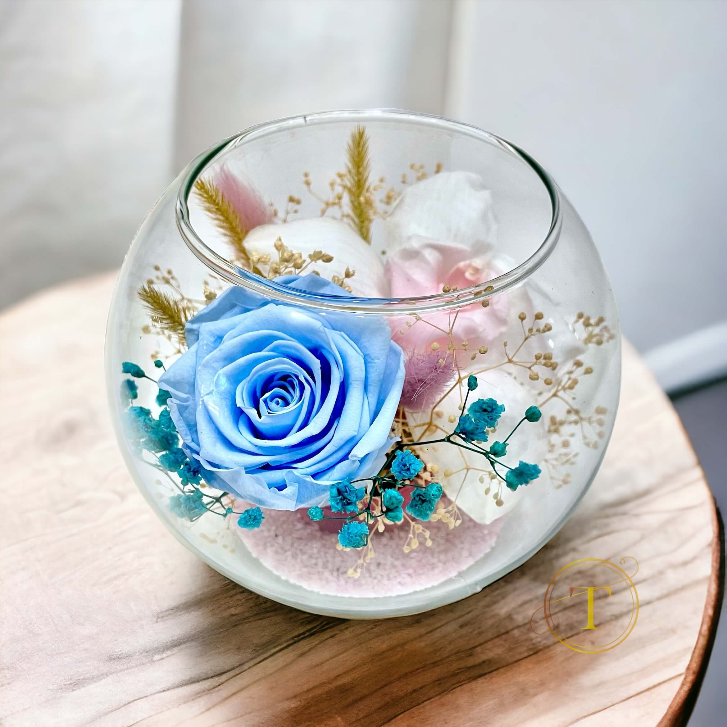 Preserved Rose & Pastel Pink Orchid in Glass Bowl Table Centerpiece