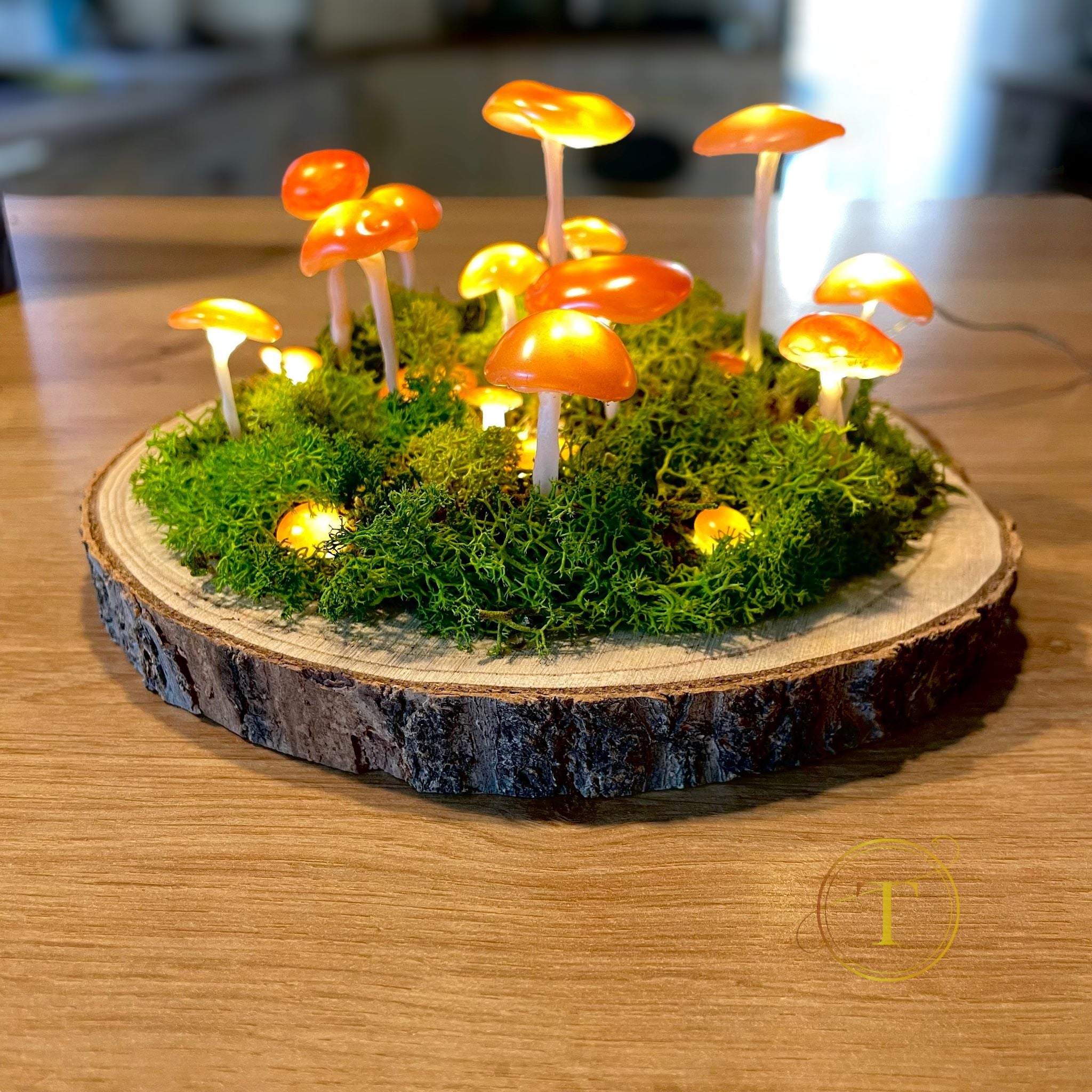Mystical Mushroom – lampa LED de veghe cu ciuperci pe baza din lemn