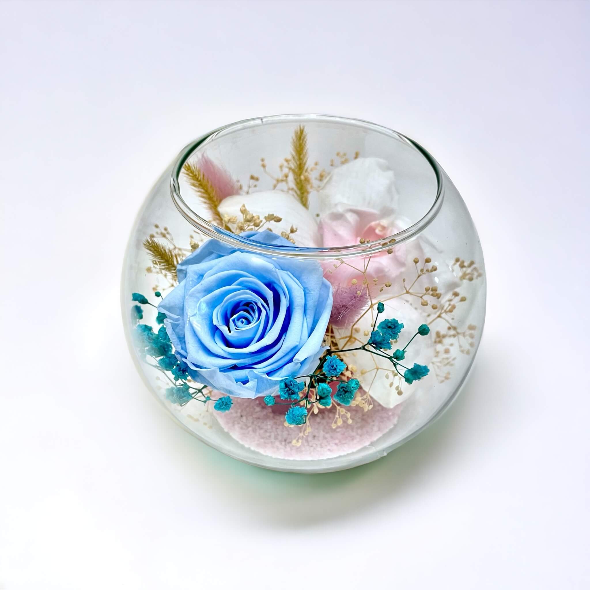 Exotic – trandafir criogenat si orhidee roz pastel, bol de sticla, Ø14 cm