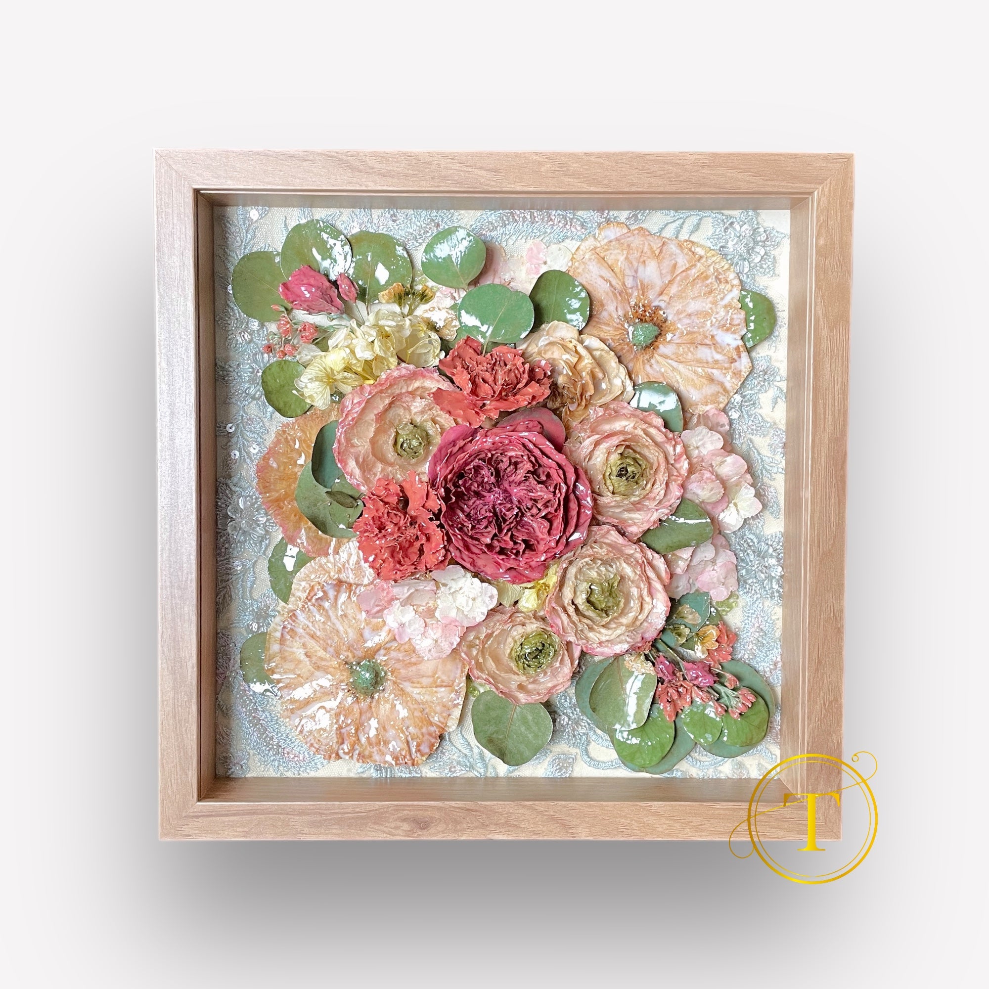 Buchet de mireasa din flori naturale conservat in rasina | Tablou 3D, 32x32cm