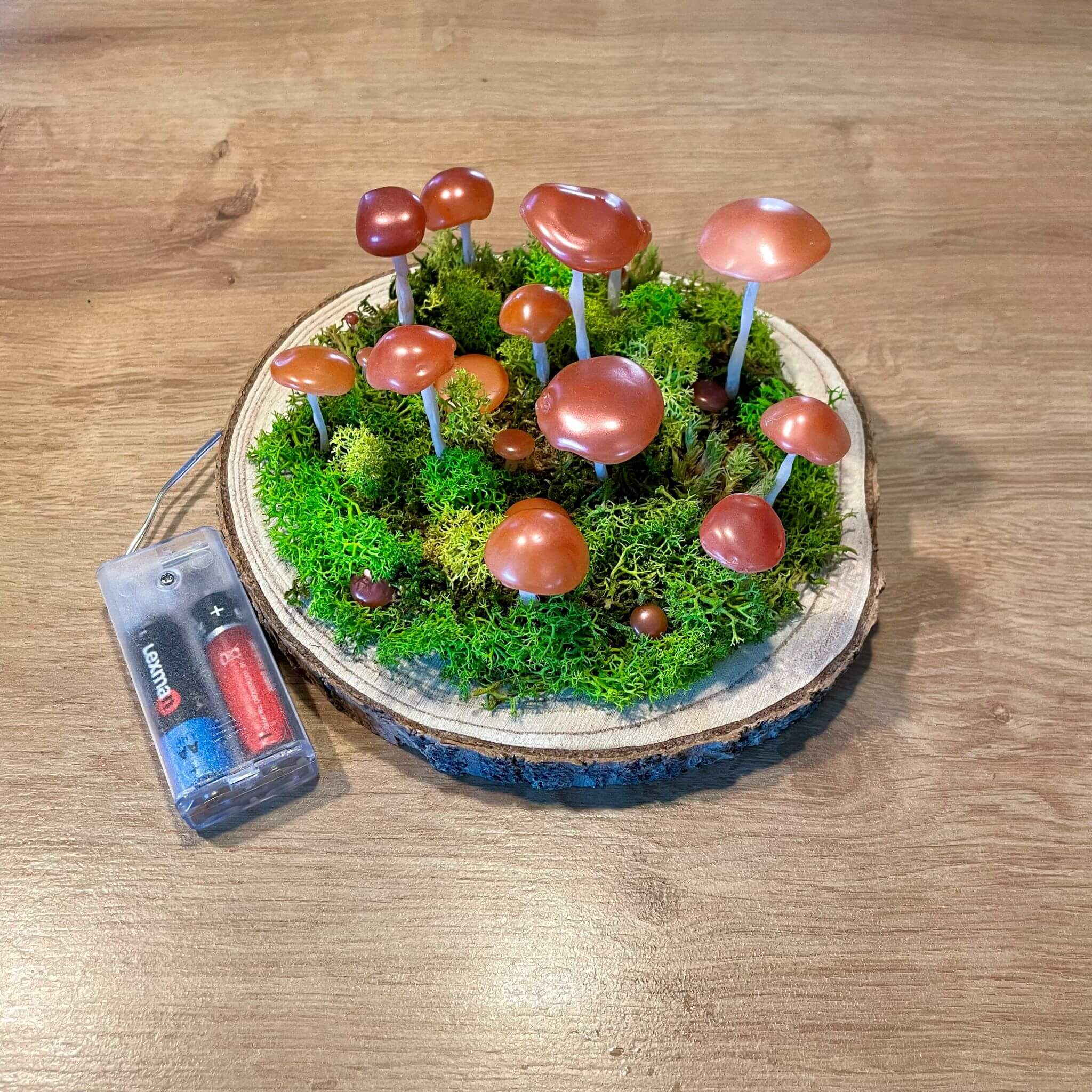 Mystical Mushroom – lampa LED de veghe cu ciuperci pe baza din lemn