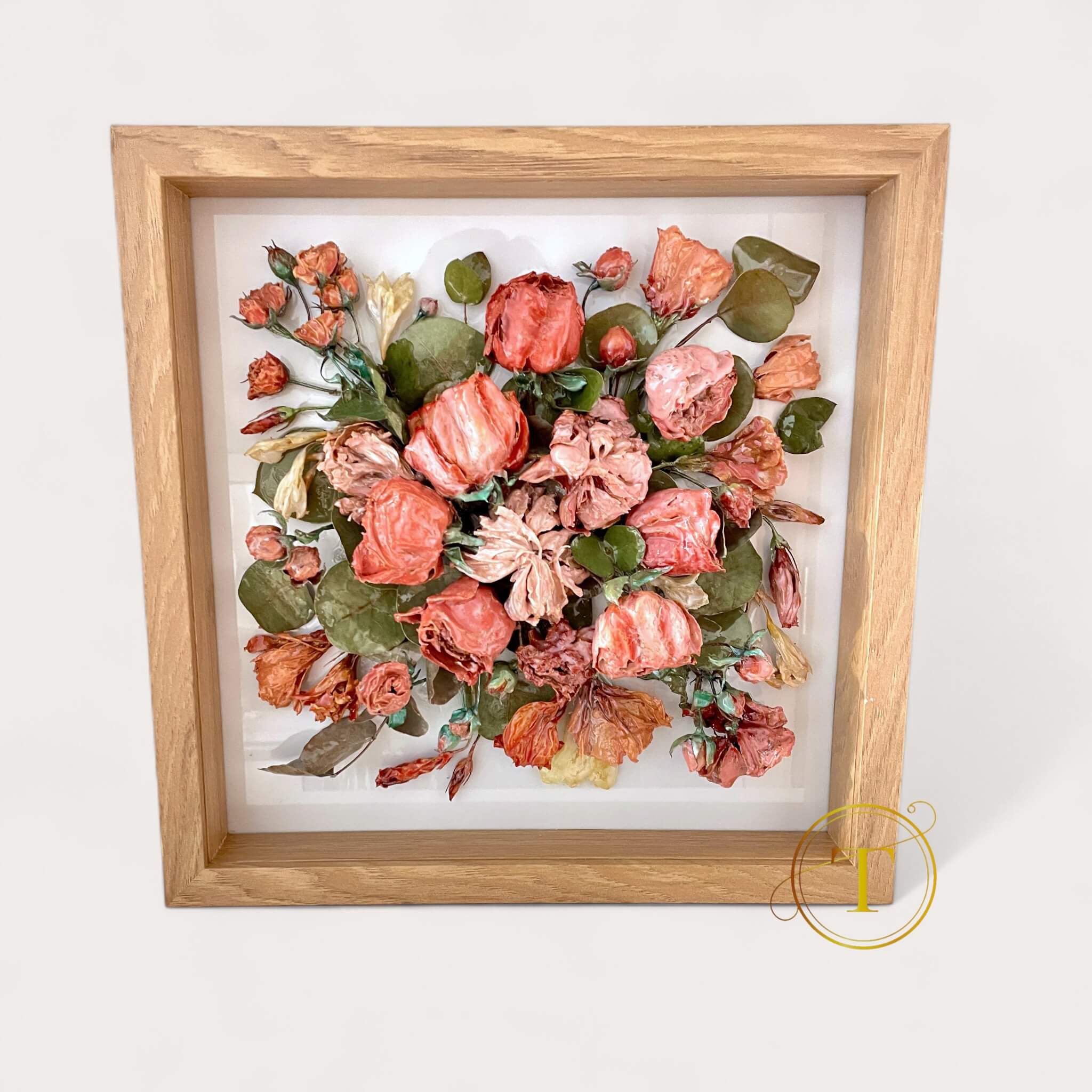 Wedding bouquet shadowbox with white background, preserved flowers