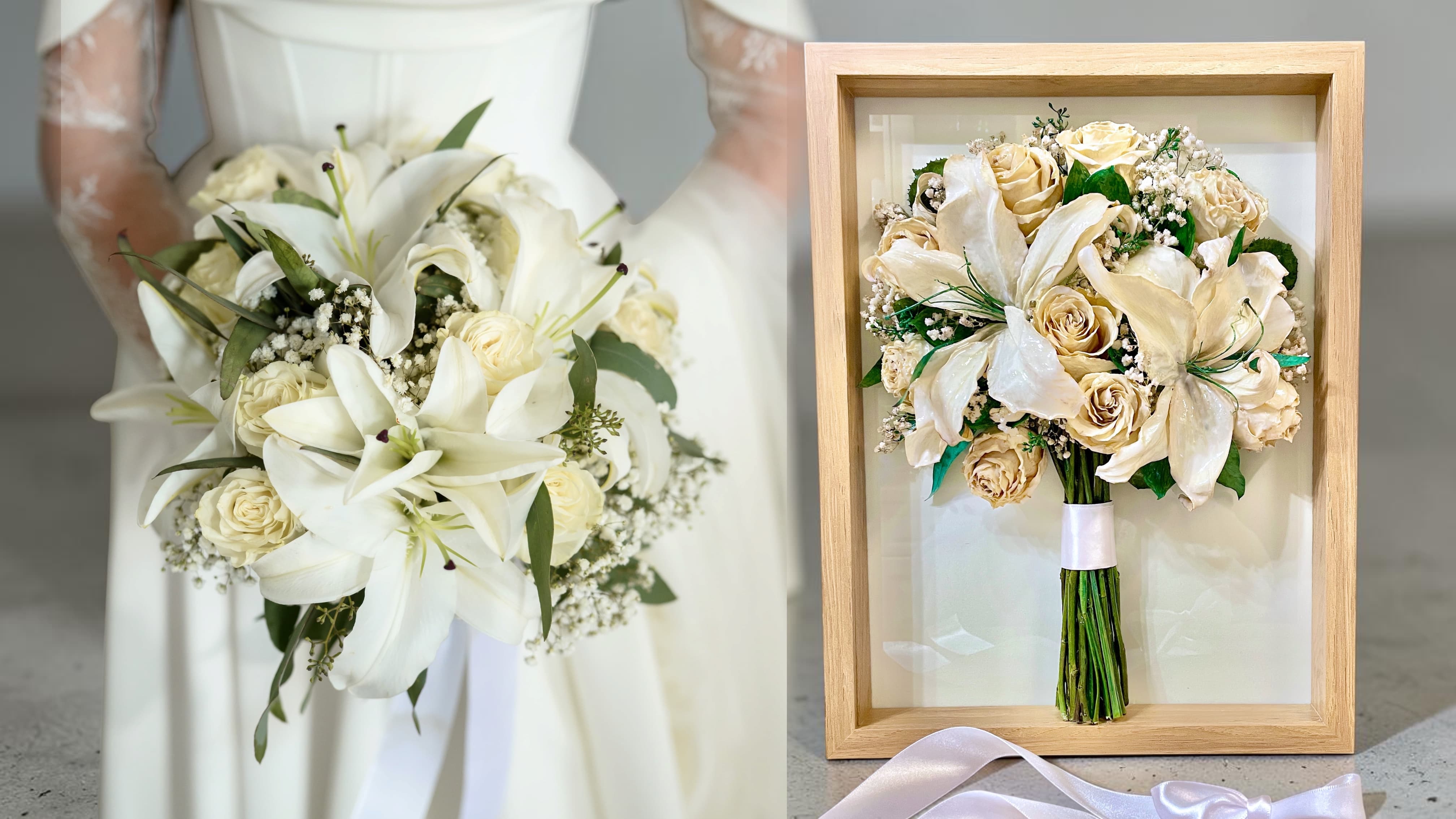 Buchet de mireasa inainte si dupa conservare in rasina epoxidica 3D - TCH.Designs