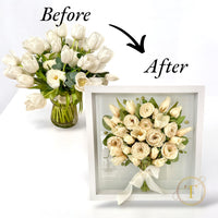 Comparison of a bouquet of flowers in a vase labeled 'Before' and a framed bouquet labeled 'After'.