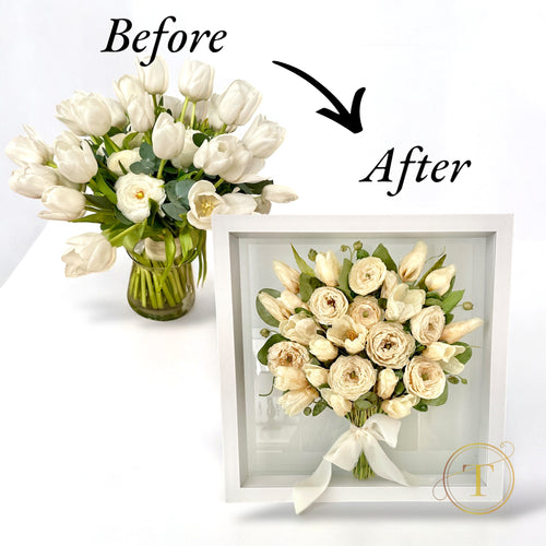 Comparison of a bouquet of flowers in a vase labeled 'Before' and a framed bouquet labeled 'After'.