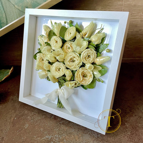 Framed wedding bouquet details, side view