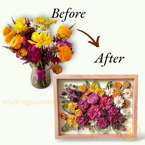 Before and after colorful bouquet preservation in resin