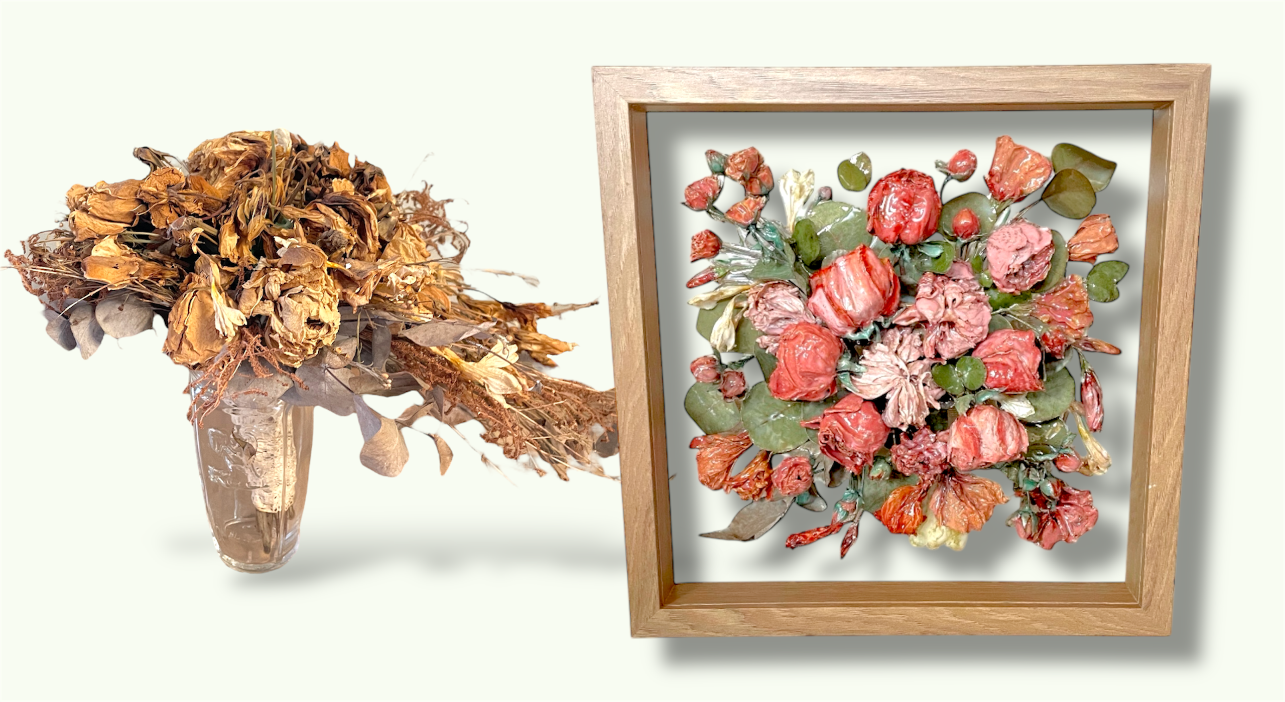 Transformation collage - dried flowers restored and turned into a custom flower art piece
