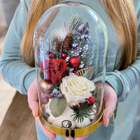 Red and white rose glass dome arrangement 