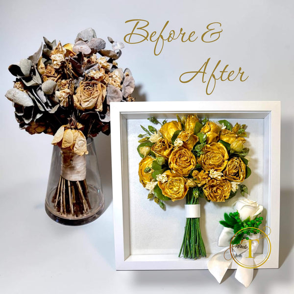 before after buchet mireasa deteriorat restaurat si conservat in rasina epoxidica