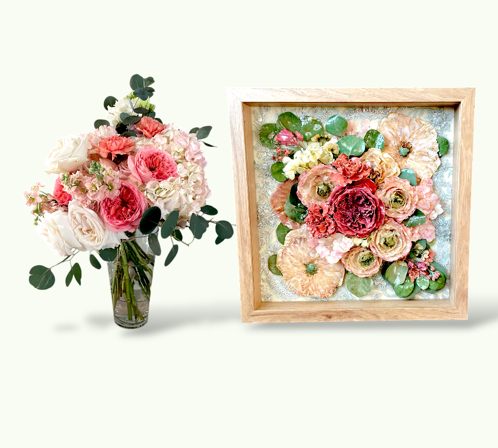 Before and after collage showing Hui Qian's wedding bouquet preserved in resin with color enhancement