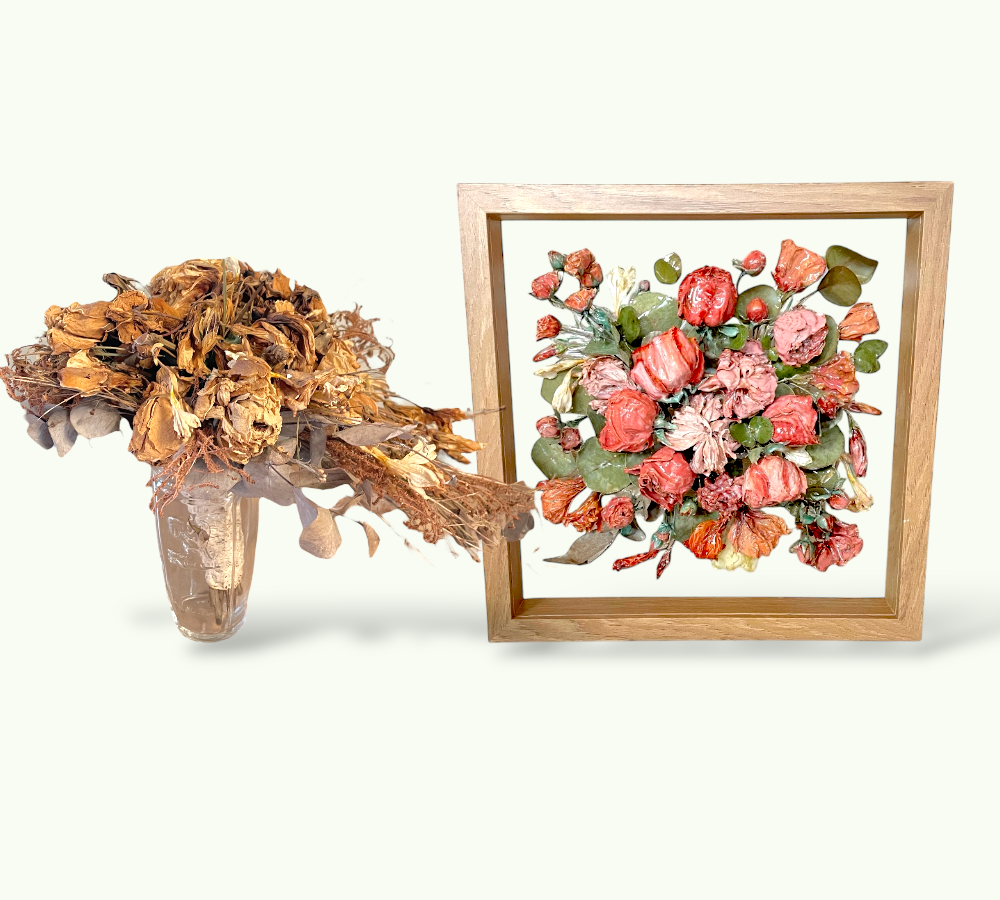 Transformation collage - dried flowers restored and turned into a custom flower art piece