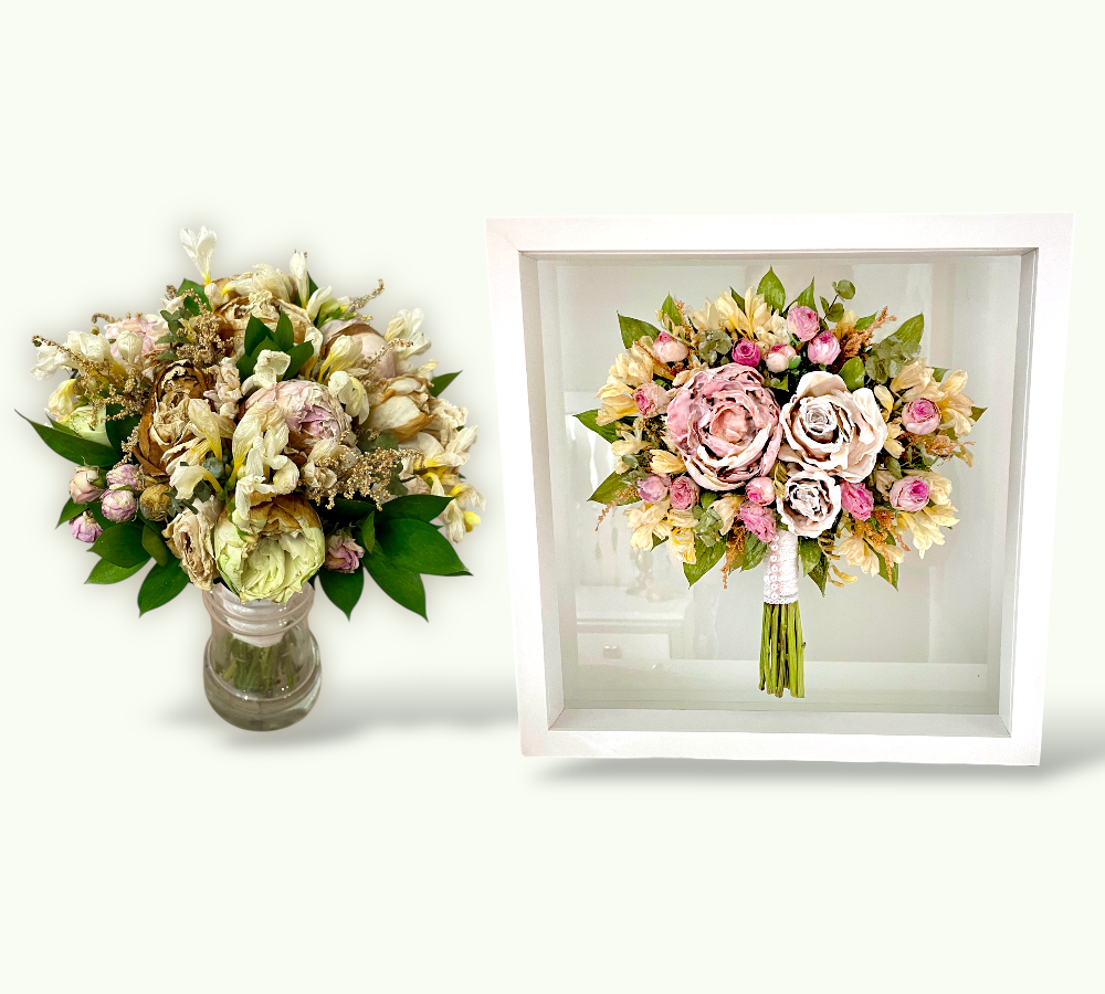 Before and after collage showing Rebecca's wedding bouquet preserved in resin
