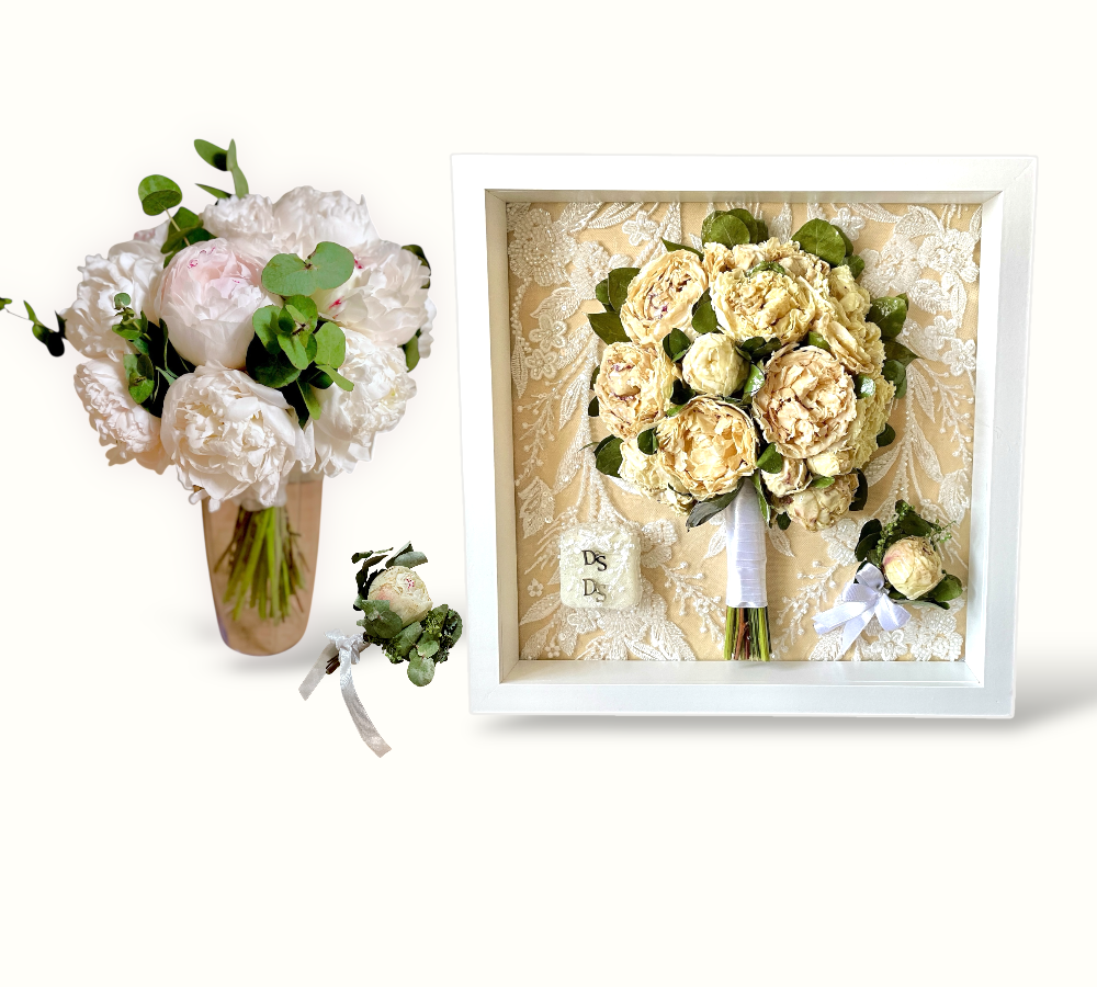 Before and after collage showing Stefania's wedding bouquet preserved in resin