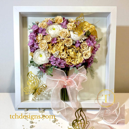 Buchet mireasa romantic conservat in rasina epoxidica | Tablou 3D 32x32 cm