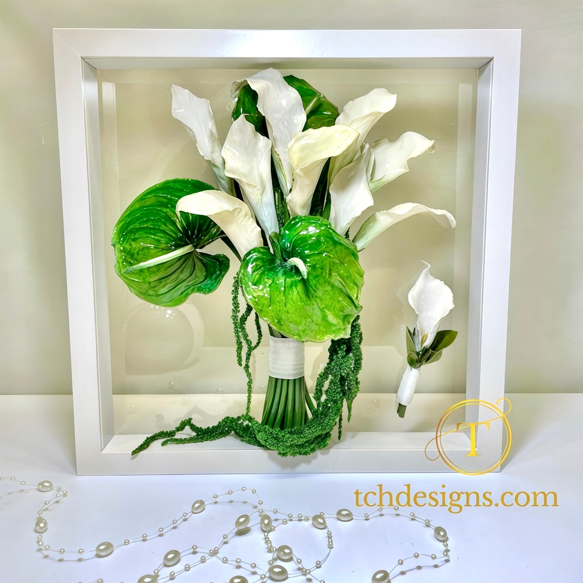 Buchet mireasa cu calele si anturium conservat 3D in rasină | Tablou 3D, 32×32cm