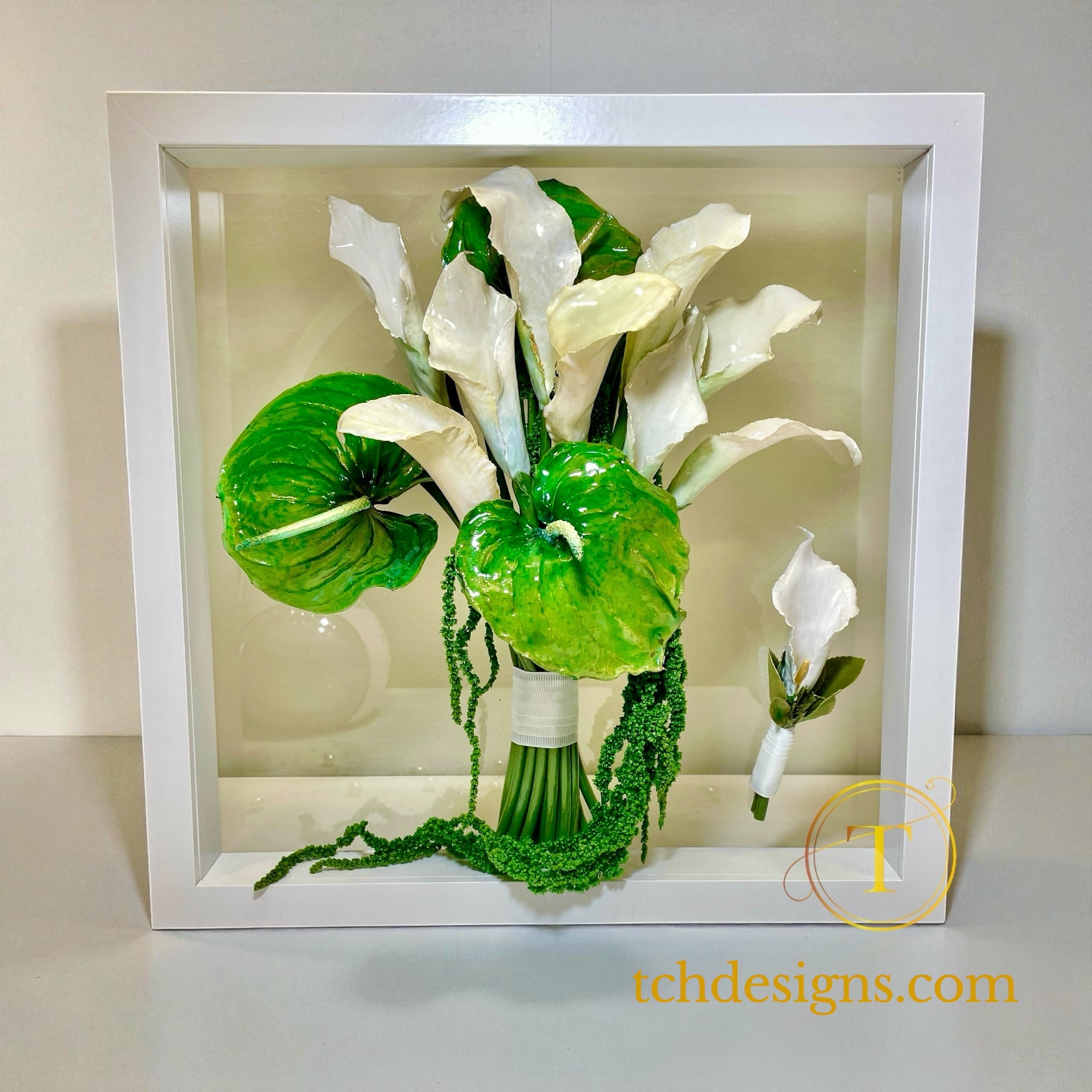 Buchet mireasa cu calele si anturium conservat 3D in rasină | Tablou 3D, 32×32cm