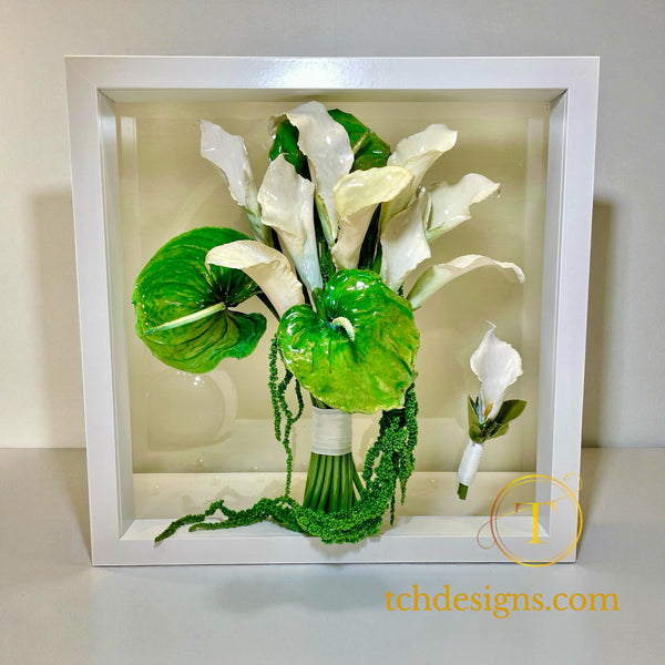 Buchet mireasa din cale si anturium conservat in rasina | Tablou 3D 32x32 cm