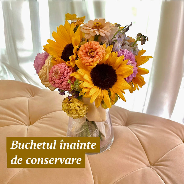 Buchet real de mireasa cu florea soarelui inainte de conservare in rasina epoxidica