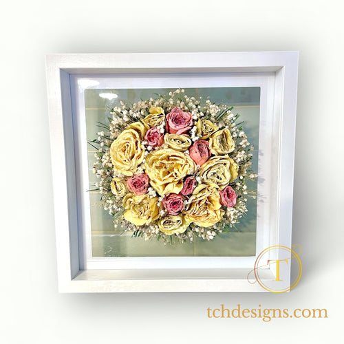 Conservare buchet mireasa uscat, pastrat acasa | Reconditionare in rasina, tablou 3D 32x32 cm