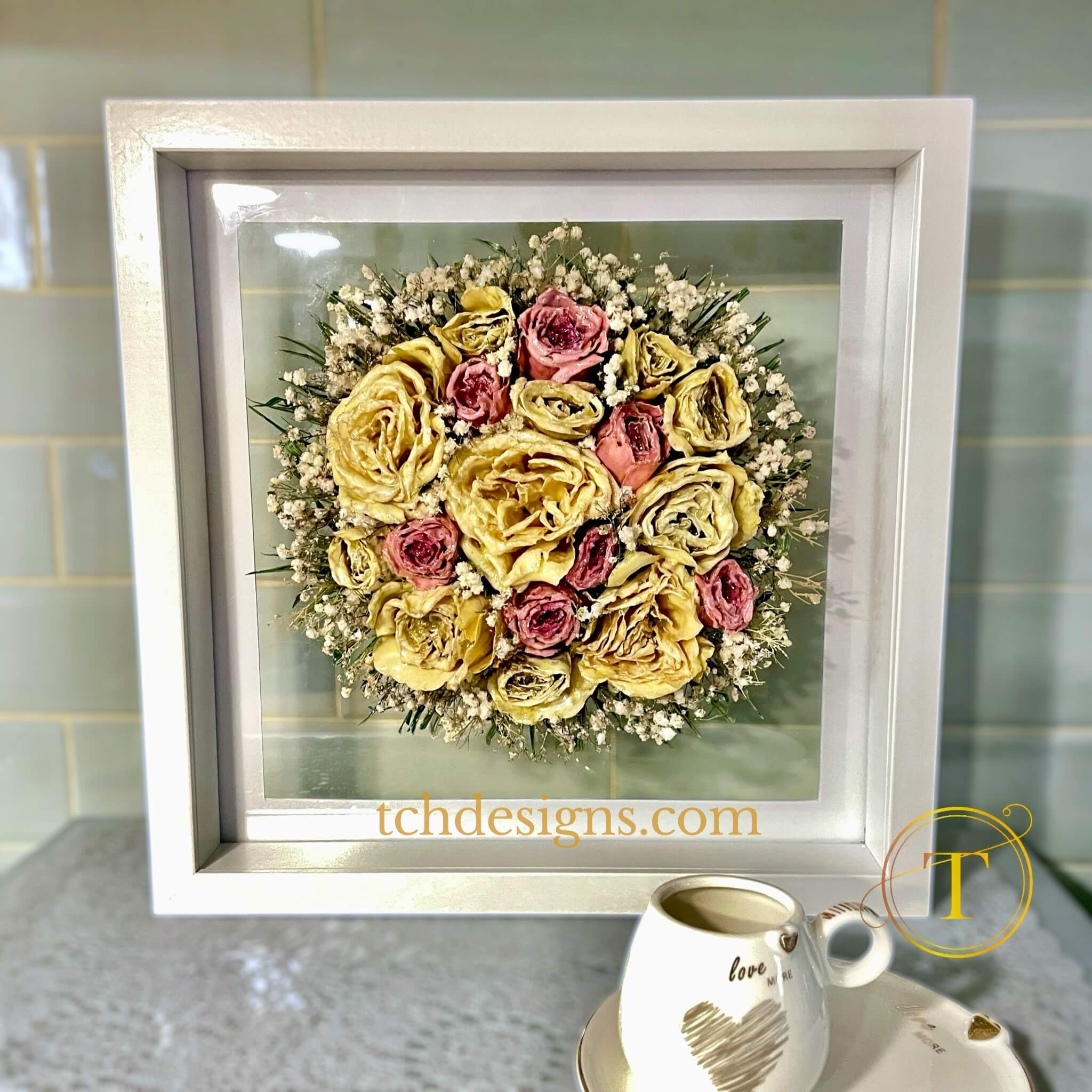 Buchet de mireasa uscat pastrat acasa reconditionat | Tablou 3D, 32×32cm