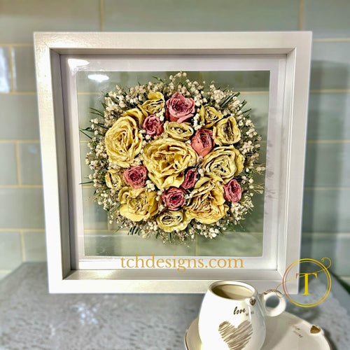 Conservare buchet mireasa uscat, pastrat acasa | Reconditionare in rasina, tablou 3D 32x32 cm