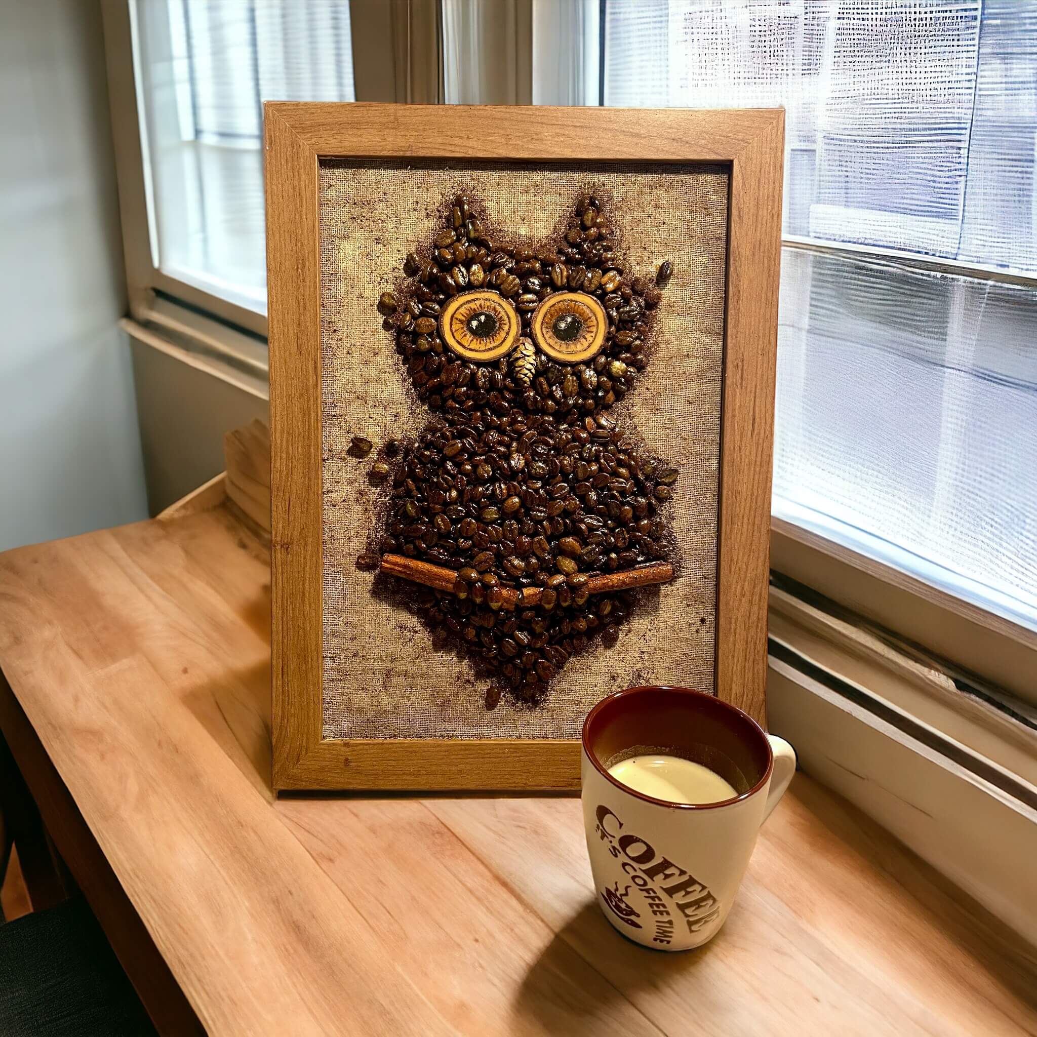 Cup of coffee in front of picture with handmade Owl 