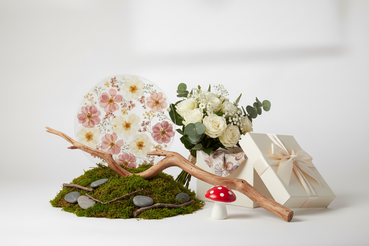Create a clean luxury image on a milky background. Place a few big handmade objects only in the center: a resin artwork with flowers, a bouquet, a lmoss piece, a  wooden branch and handmade red mushroom, and a big gift detail. Soft shadows, premium aesthetic. No text. Size 1200x800 px