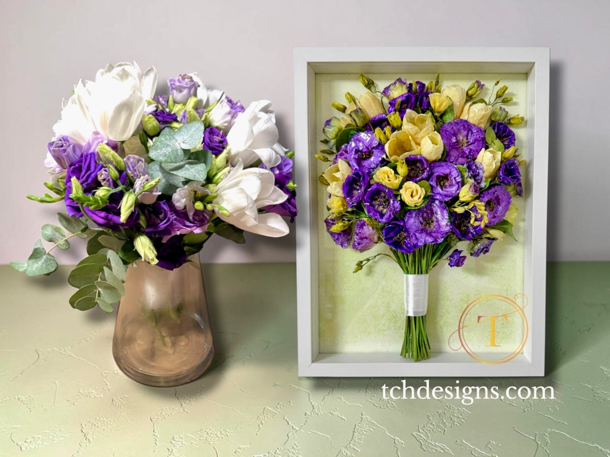 Buchet de mireasă cu lalele și lisianthus înainte și după conservarea în rășină epoxidică, o metodă diferită de criogenare