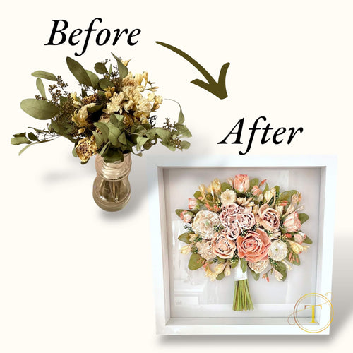 Before and after bouquet preservation in resin