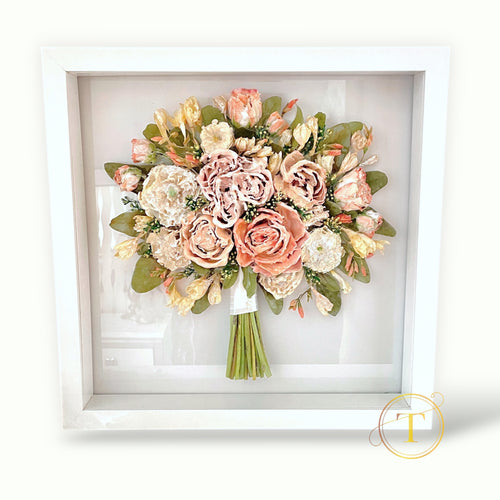 Preserved wedding bouquet in epoxy resin frame