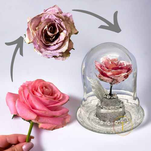 Before and after of a dried engagement rose coated with epoxy