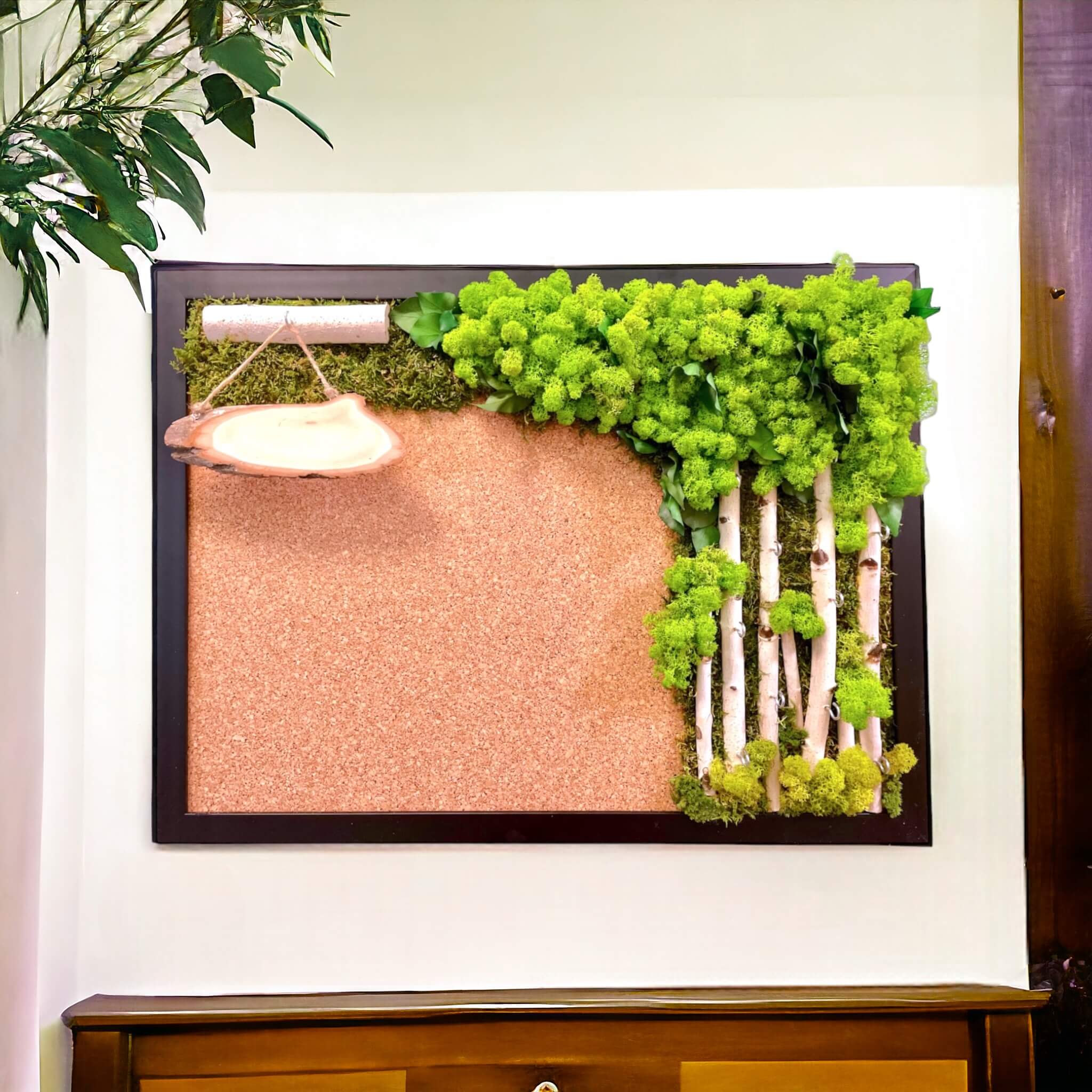 Forest inspired cork board with green lichen and birch key holders