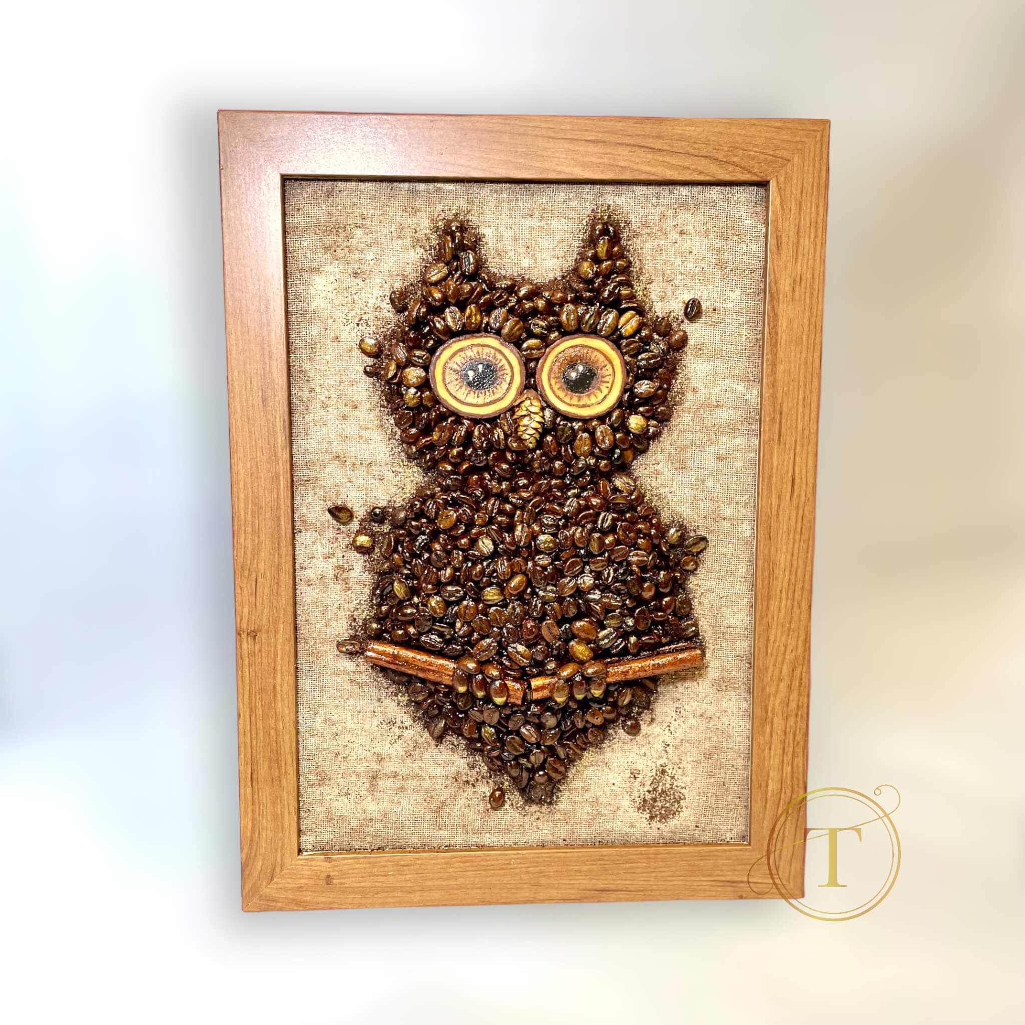 Night Owl: Tablou 3D cu Bufniță din Boabe de Cafea, 33 x 25 cm