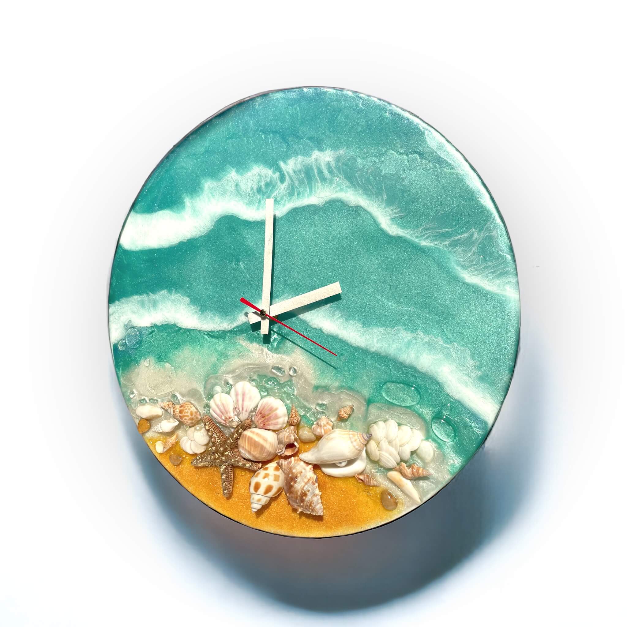 Stunning handmade epoxy resin clock with realistic seashore theme and serene ocean design