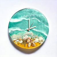 Handmade round wall clock with maritime design, epoxy resin, shells, and white pearl