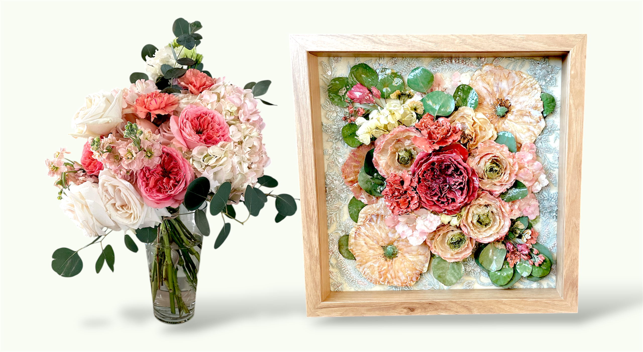 Before and after collage showing Hui Qian's wedding bouquet preserved in resin with color enhancement