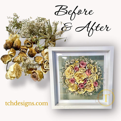 Conservare buchet mireasa uscat, pastrat acasa | Reconditionare in rasina, tablou 3D 32x32 cm