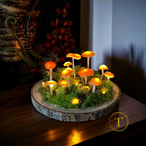 Mystical Mushroom – lampa LED de veghe cu ciuperci pe baza din lemn
