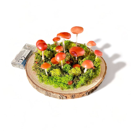 Mystical Mushroom – lampa LED de veghe cu ciuperci pe baza din lemn