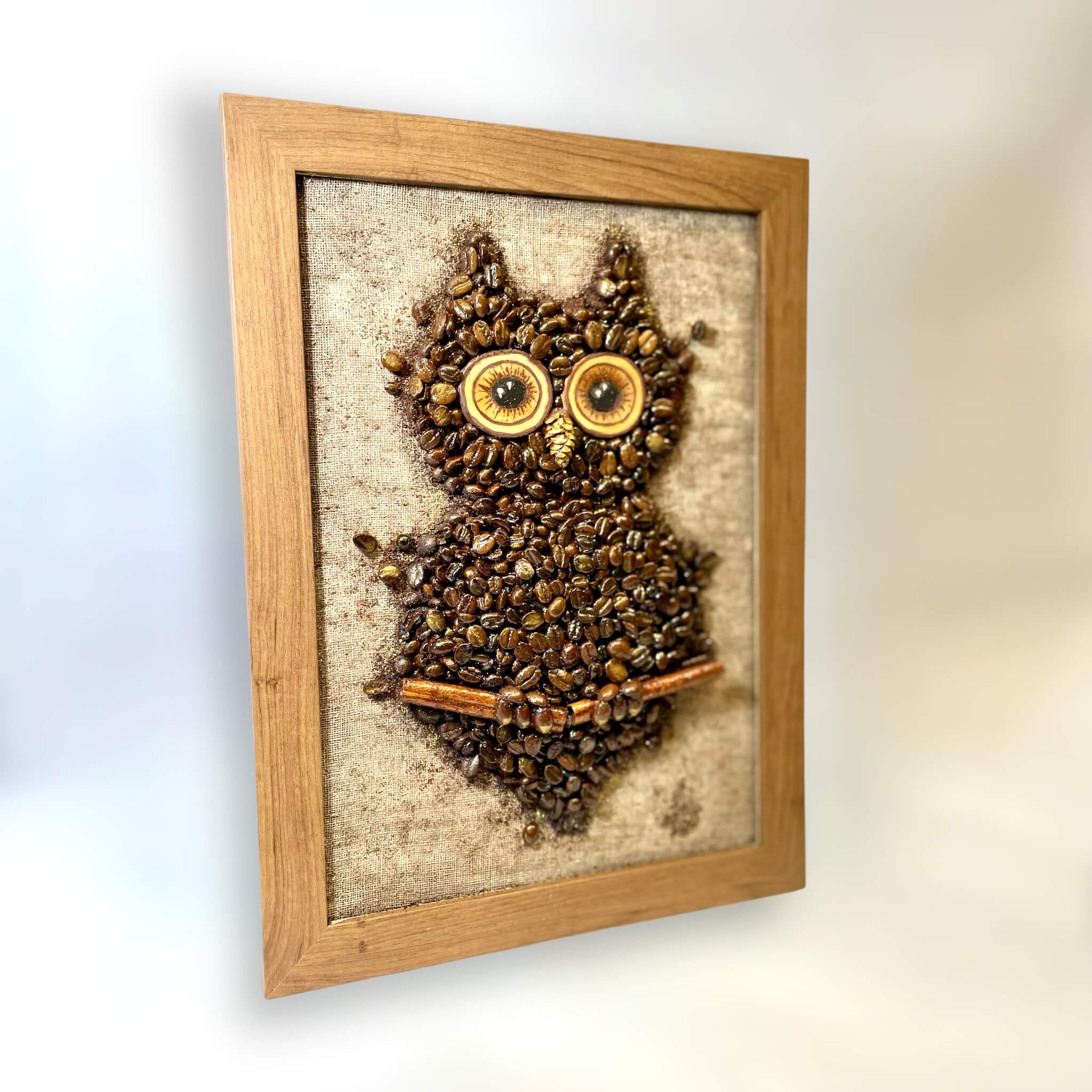 Night Owl: Tablou 3D cu Bufniță din Boabe de Cafea, 33 x 25 cm