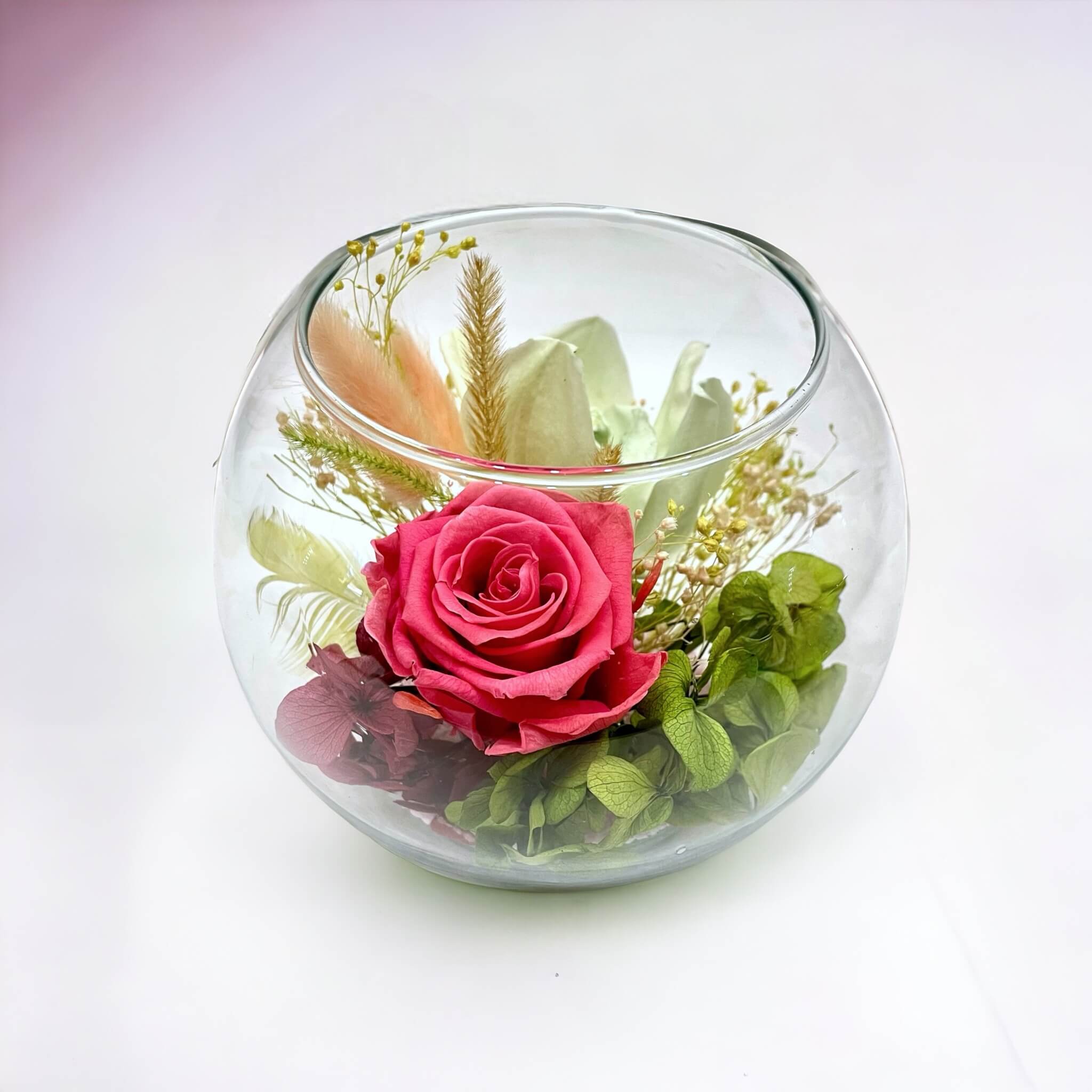 Pretty - Preserved Rose & Green Orchid in Glass Bowl, Ø14cm